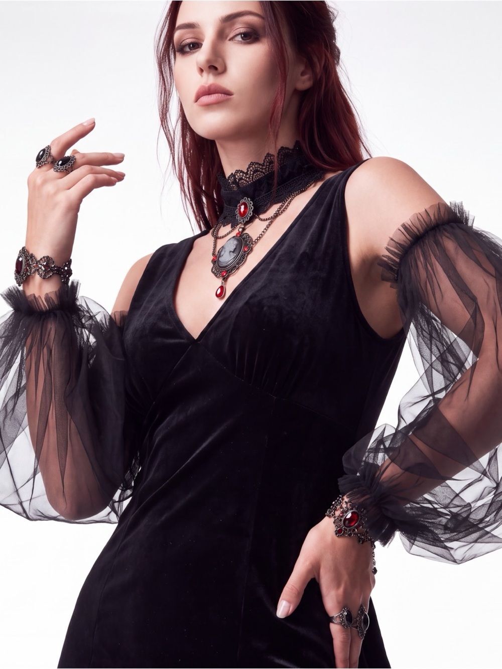 Black Puffy Tulle Arm Sleeves Sheer Mesh Organza Goth Statement Gloves